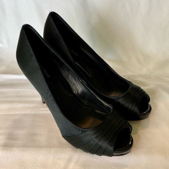 White House Black Market WHBM Jordin Peeptoe Heels Platform Shoe Black Satin 7.5 - Picture 7 of 14